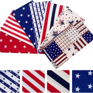 AMORNPHAN 7pcs 4th of July Cotton Fabric Squares Patriotic American Flag Strips Decoration Print Quilting Bundles Fat Quarters for DIY Craft Sewing Patchwork Needlework 16x20 Inches