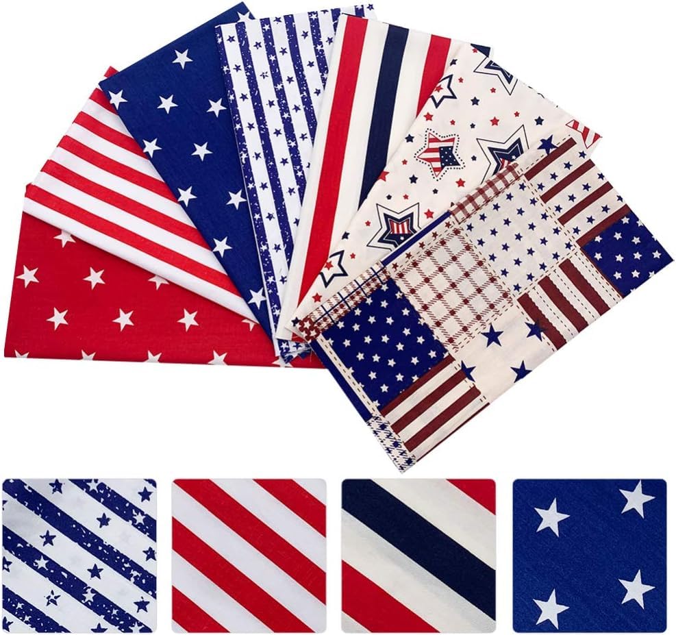 AMORNPHAN 7pcs 4th of July Cotton Fabric Squares Patriotic American Flag Strips Decoration Print Quilting Bundles Fat Quarters for DIY Craft Sewing Patchwork Needlework 16x20 Inches