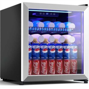 tehanld compact beverage refrigerator, 68 can/1.75 cubic feet mini fridge with glass door for soda, beer, or wine, freestanding drink cooler with adjustable shelves and digital display, sliver