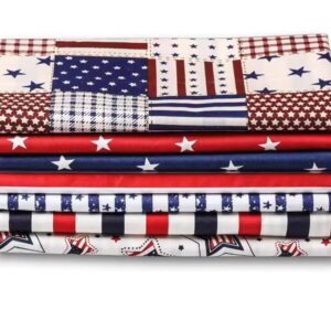 AMORNPHAN 7pcs 4th of July Cotton Fabric Squares Patriotic American Flag Strips Decoration Print Quilting Bundles Fat Quarters for DIY Craft Sewing Patchwork Needlework 16x20 Inches