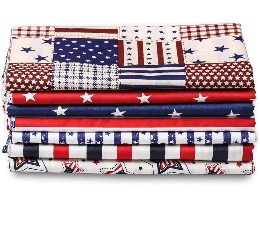 AMORNPHAN 7pcs 4th of July Cotton Fabric Squares Patriotic American Flag Strips Decoration Print Quilting Bundles Fat Quarters for DIY Craft Sewing Patchwork Needlework 16x20 Inches