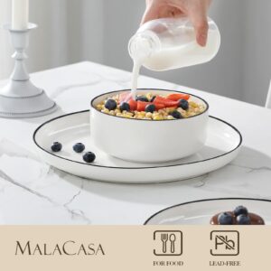 MALACASA Plates and Bowls Sets, 12 Pieces Modern Porcelain Dinnerware Set for 4 White Kitchen Dinner Dining Ware Set wtih Black Rim Ceramic Dishware Dishes Microwave and Dishwasher Safe, Series LUNA