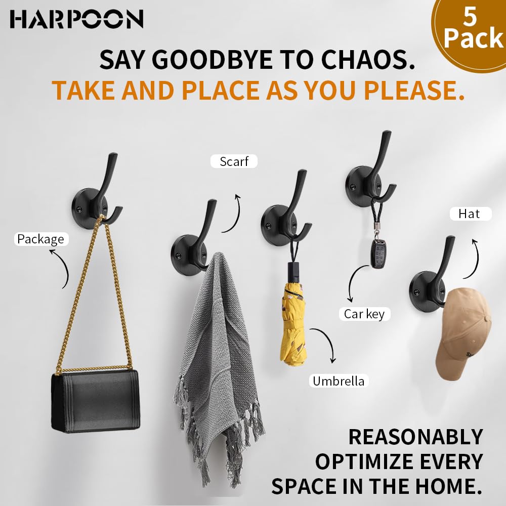 HARPOON 5 Pcs Prong Hook, Heavy Duty Two Flared Coat Hooks,Wall Mounted with 4 Screws,Utility Hooks for Scarf, Bag, Towel, Key, Cap, Cup, Hat Oil Rubbed Bronze