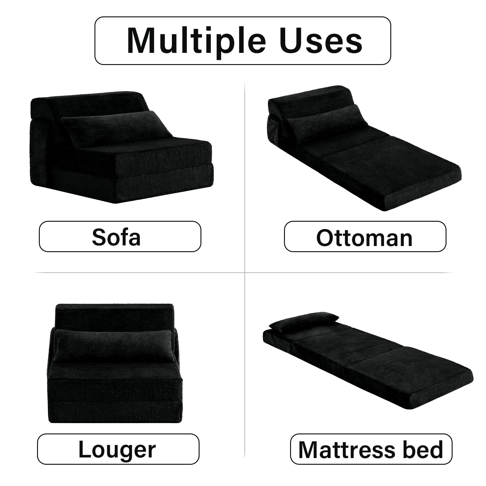 Tiita Folding Sofa Bed with Pillow Single Size Mattress&Plush Fabric with Portable Storage Bag,Floor Lounger Chair Bed for Living Room/Guest Room/Dorm/Apartment/Upstairs Loft/Home Office,Black