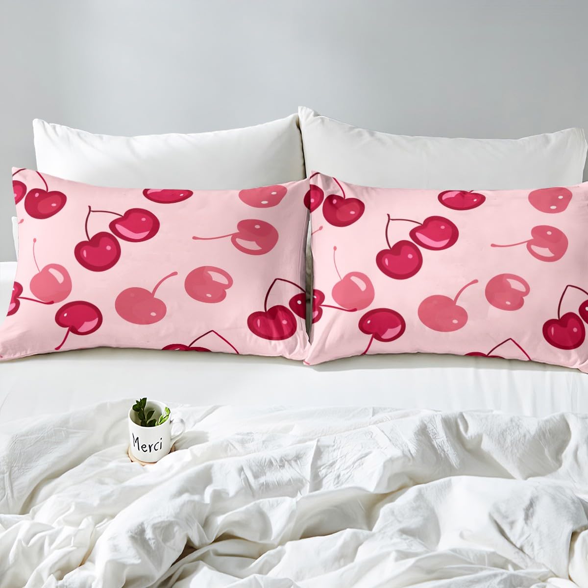 Red Cherry Bedding Set Twin Size,Tropical Delicious Fruits Fitted Sheet for Kids Boys Girls Room Decor,Cherry Modern Fashion Bed Sheet,Pink Summer Fruits Fantasy Sheet Set 2Pcs,1 Pillowcase