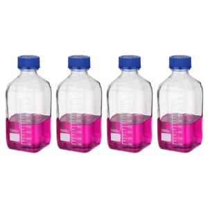 patikil 4 pack reagent media storage bottles, 1000ml borosilicate glass square graduated round bottles with gl32 blue screw cap for lab water reagent liquids, clear