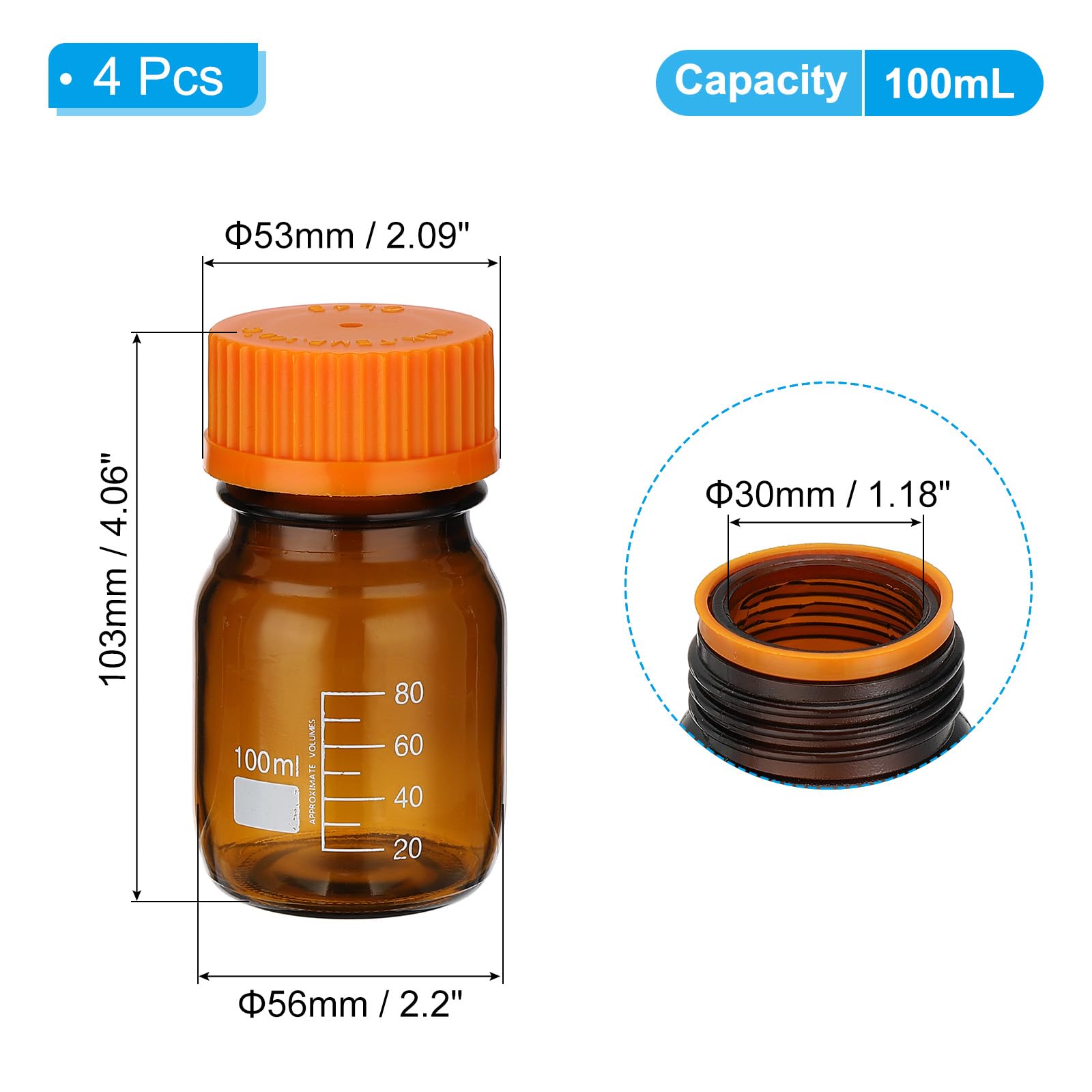 PATIKIL 4 Pack Reagent Media Storage Bottles, 100ml Borosilicate Glass Graduated Round Bottles with Orange GL32 Screw Cap for Lab Water Reagent Liquids, Amber