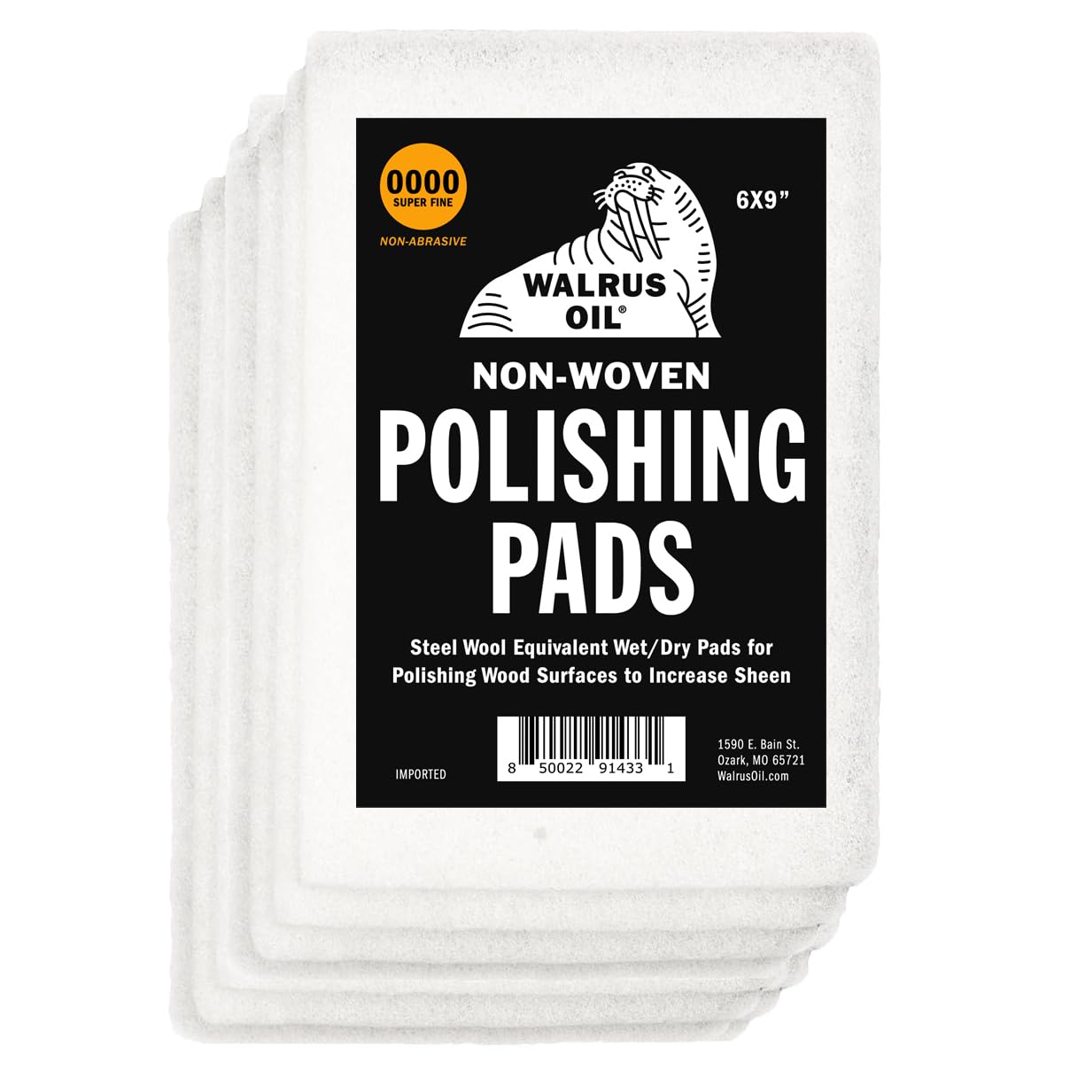 WALRUS OIL - Non-Woven Sanding/Polishing Pads for Woodworking and Metal Buffing, Size 6"x9" - Pack of 10 (0000 Non-Abrasive)