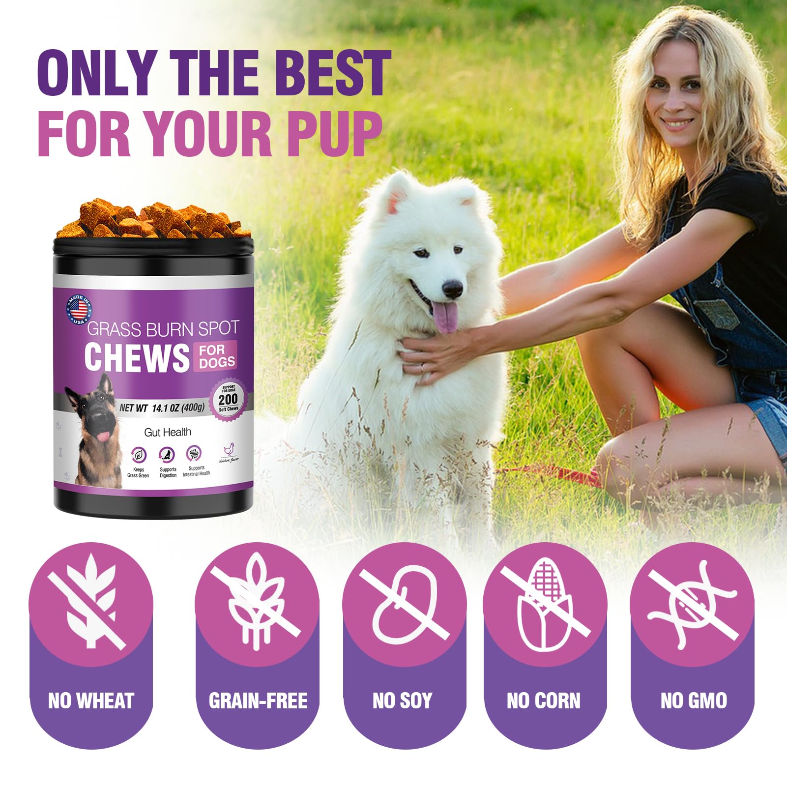 Grass Burn Spot Chews for Dogs Dog Pee Grass Neutralizer 200 Green Grass Dog Chews Urine Lawn Spot Protector Urinary Tract Support Dog Bladder Support Cranberry, Apple Cider Vinegar, DL-Methionine