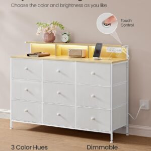 SONGMICS Dresser for Bedroom, Storage Organizer with 9 Fabric Drawers and LED Lights, Charging Station, Steel Frame, 13.2 x 44.9 x 33 Inches, Entryway, Cloud White ULTS519W01