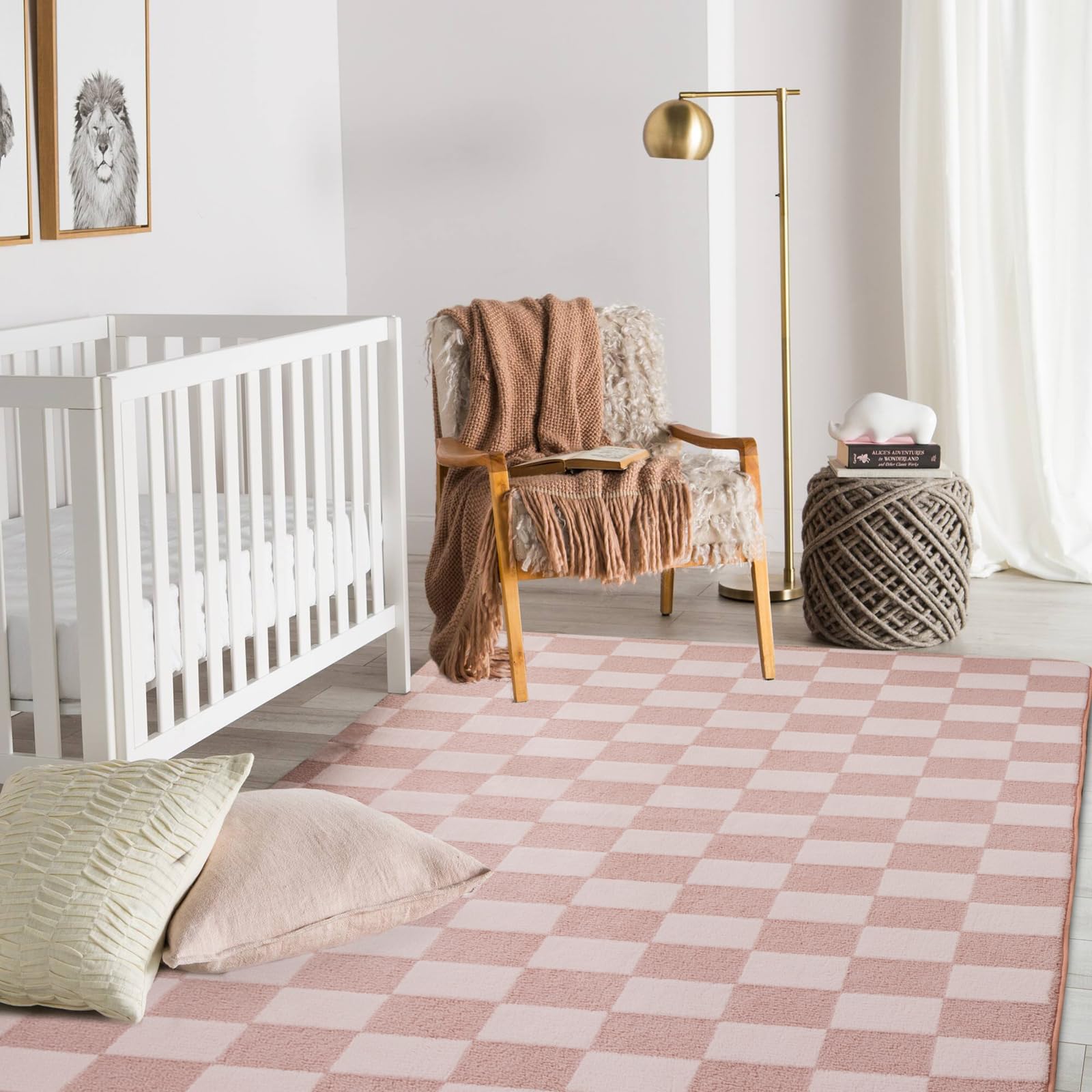 Btargot 6×9ft Light Pink Checkered Area Rug for Living Room, Princess Prince Castle Modern Abstract Checkerboard Throw Rugs Anti-Skid Fluffy Plush Carpet for Kids Boys Girls Home Nursery Decorative