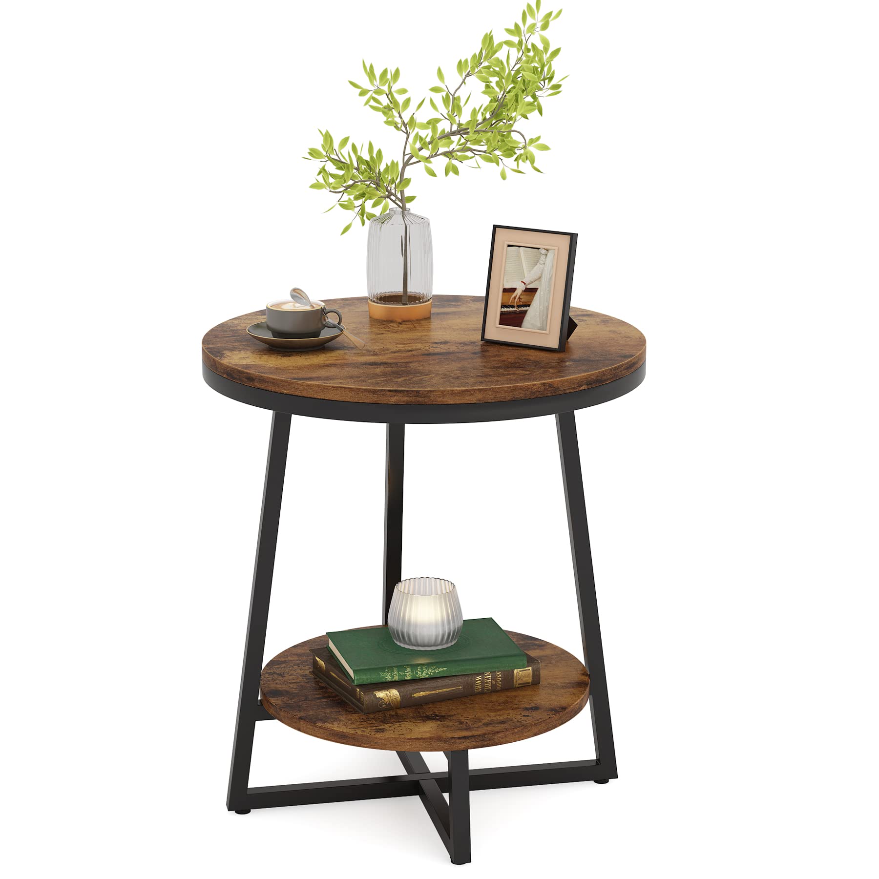 Tribesigns Round End Table Set of 2, 2 Tier Side Table with Storage Shelf, Industrial Nightstand Bedside Table Coffee Accent Table for Living Room Small Space, Rustic Brown