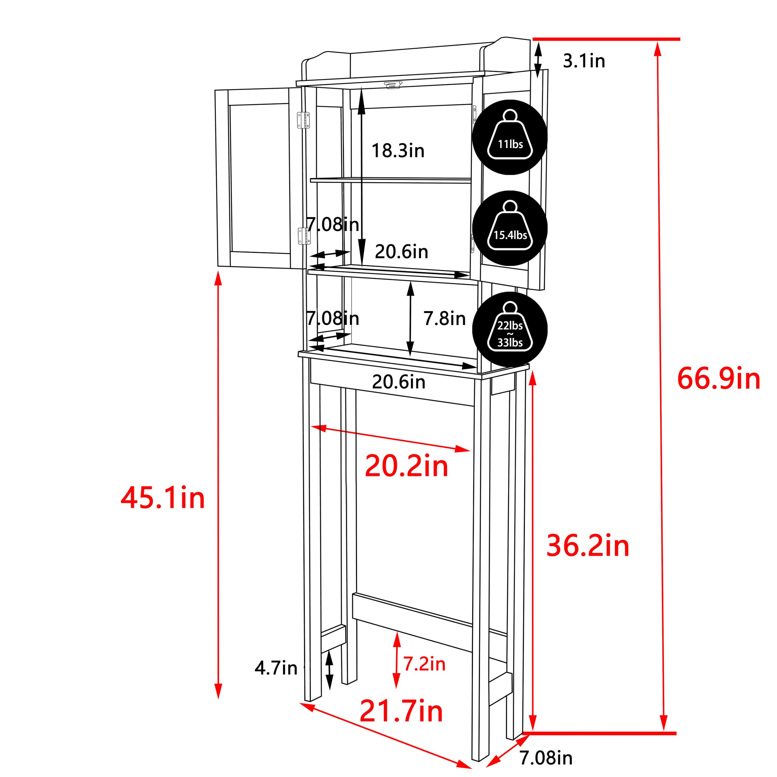 Yardenaler Over-The-Toilet Storage Shelf with Doors, Bathroom Freestanding Space Saver Organizer with Adjustable Shelf, White