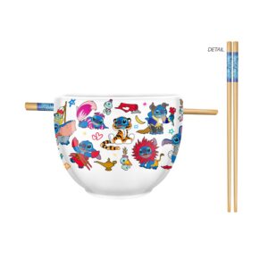 silver buffalo disney lilo and stitch ceramic ramen bowl with chopsticks featuring stitch and scrump, microwave safe, 20 ounces