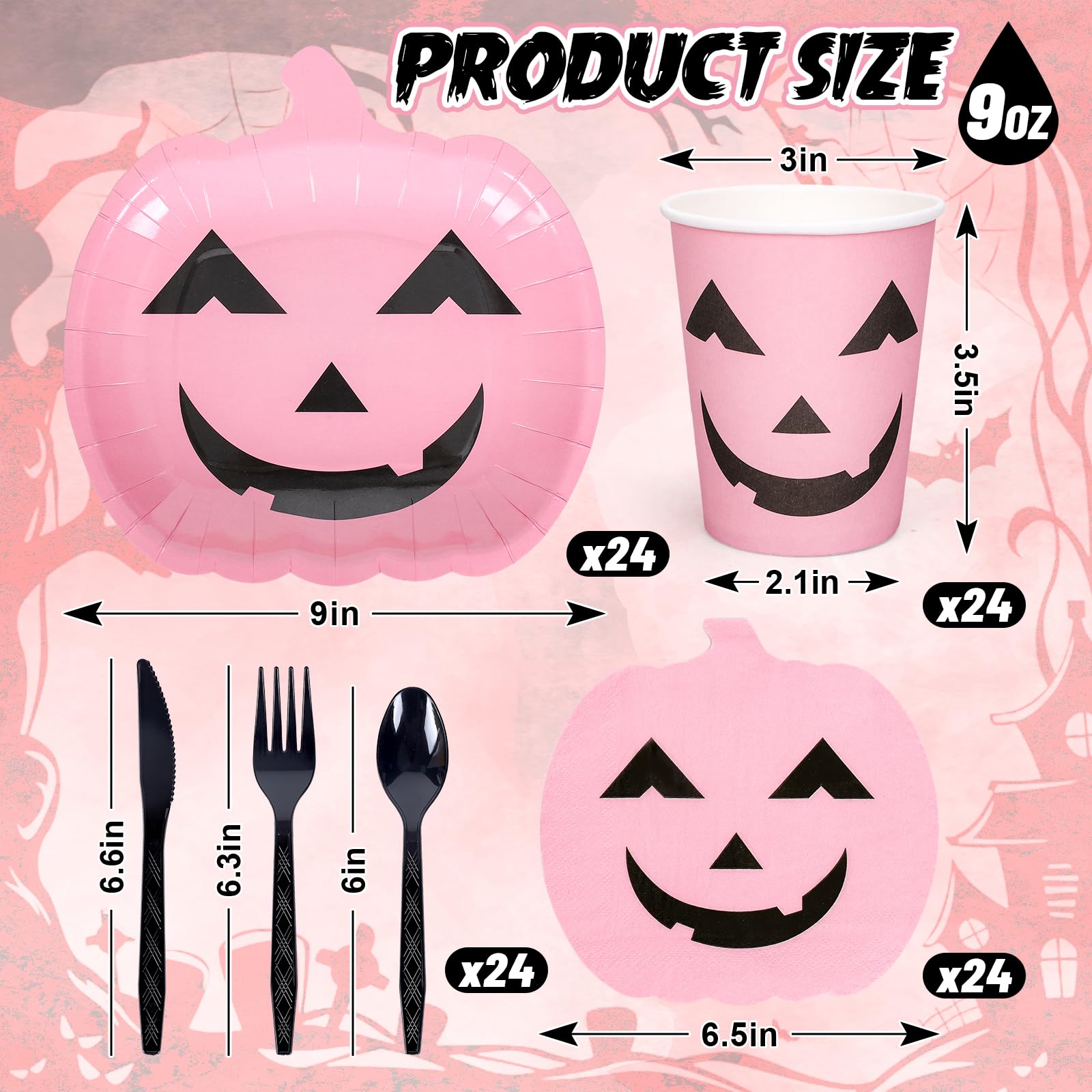 JarThenaAMCS 144Pcs Halloween Pumpkin Tableware Set Pink Cute Pumpkin Disposable Party Supplies Paper Plates Cups Napkins and Cutlery for 24 Guests Birthday Baby Shower