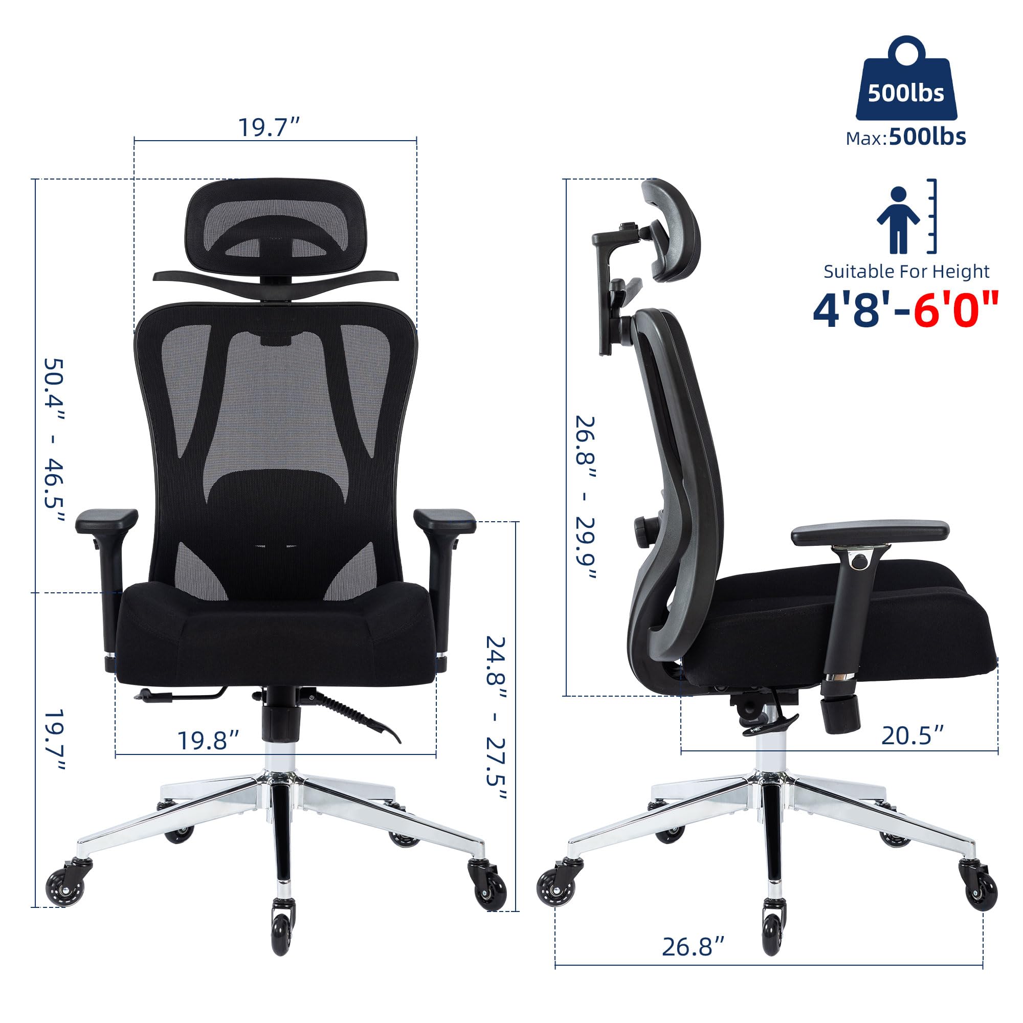 Office Chair 500lbs Ergonomic Mesh Desk Chair for Heavy People, Heavy Duty Office Chair with Wide Thick Seat Cushion, 4D Armrest, Adjustable Headrest & Lumbar Support Computer Chair