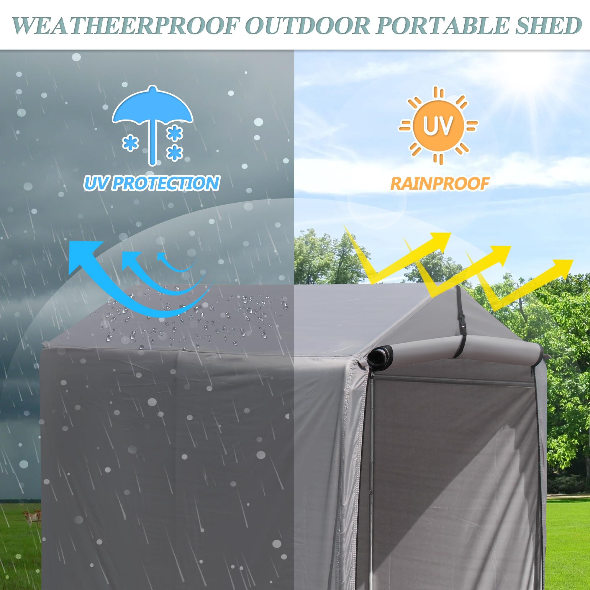 6x3 Ft Outdoor Storage Shed, Waterproof Portable Storage Shed Shelter with Roll-up Zipper Door & Ventilated Windows for Motorcycle, Bike, Tools Gray