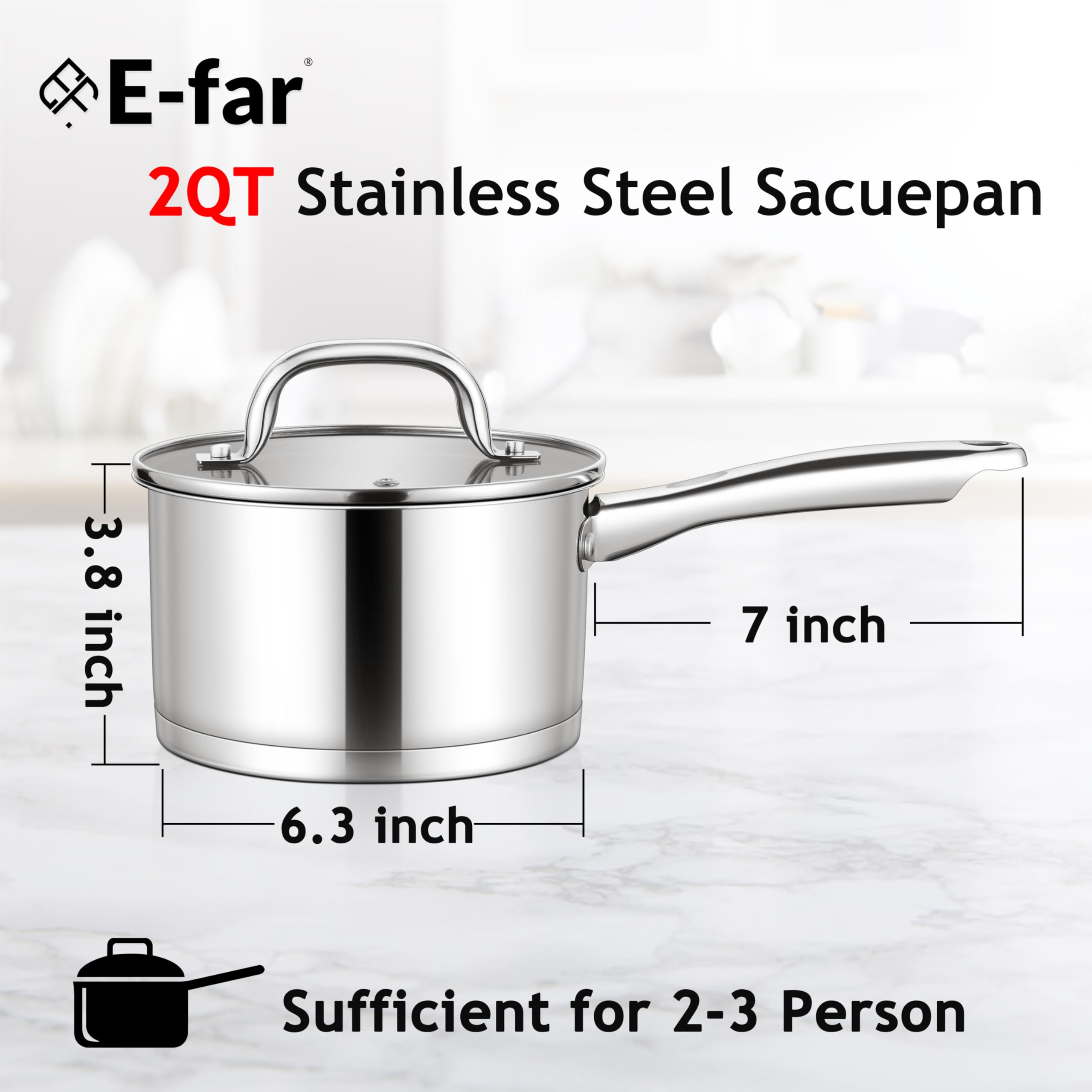 E-far Stainless Steel Saucepan with Lid, 2 Quart Sauce Pan Induction Pot for Cooking, Boiling, Compatible with All Stoves, Healthy & Non Toxic, Oven & Dishwasher Safe