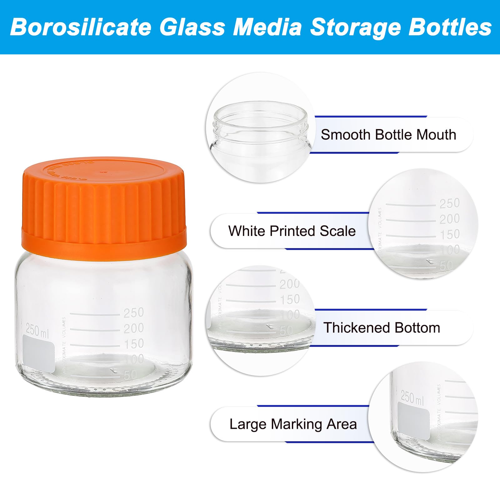 PATIKIL 2 Pack Reagent Media Storage Bottles, 250ml Borosilicate Glass Wide Mouth Graduated Round Bottles with Orange GL32 Screw Cap for Lab Water Reagent Liquids, Clear