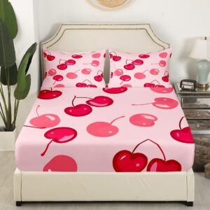 Red Cherry Bedding Set Twin Size,Tropical Delicious Fruits Fitted Sheet for Kids Boys Girls Room Decor,Cherry Modern Fashion Bed Sheet,Pink Summer Fruits Fantasy Sheet Set 2Pcs,1 Pillowcase