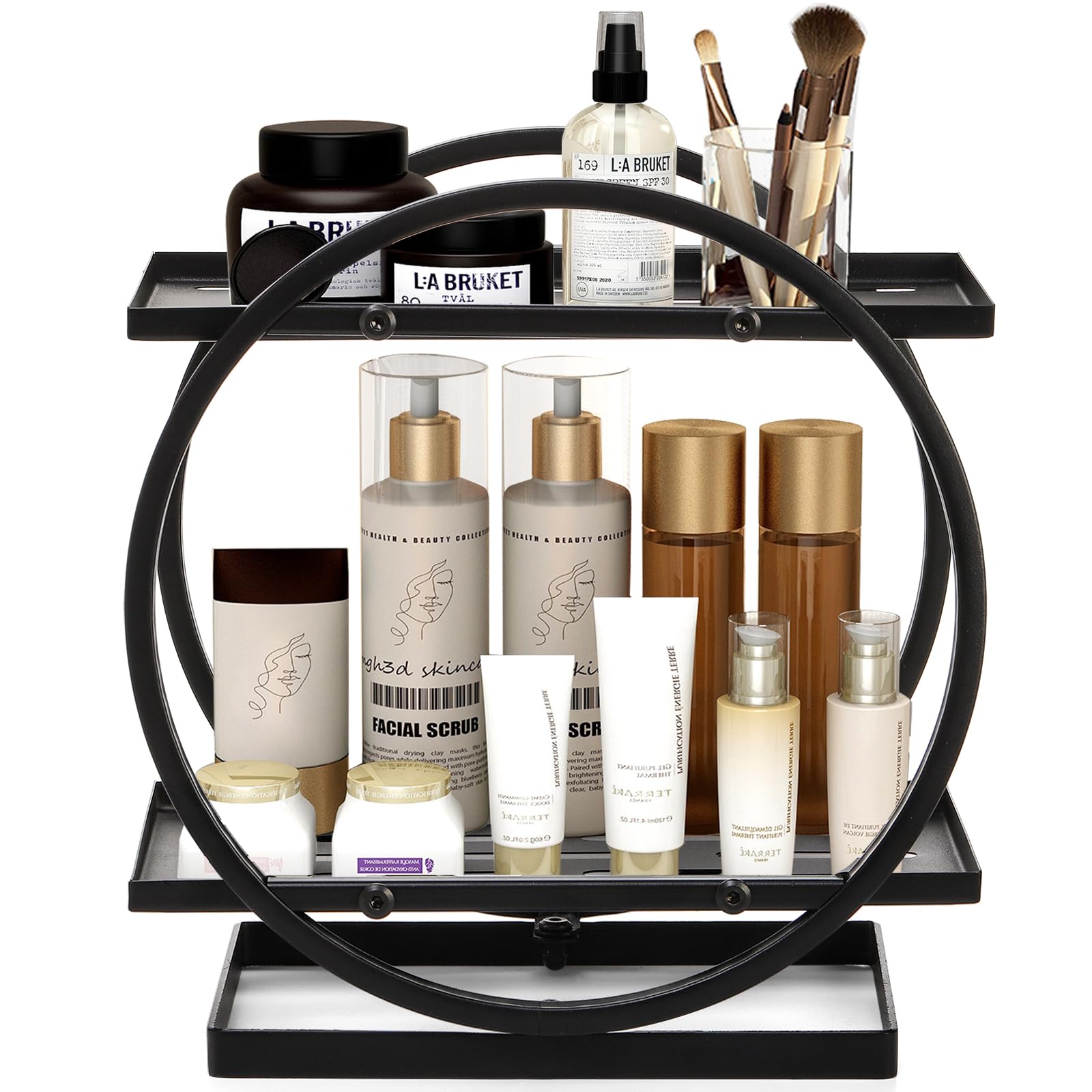 WRINGKIT 2 Tier Bathroom Counter Organizer, Countertop Bathroom Organizer, High-Capacity Iron Perfume Cosmetics Storage Display Rack, Black Skincare Dresser Make Up Holder for Bathroom