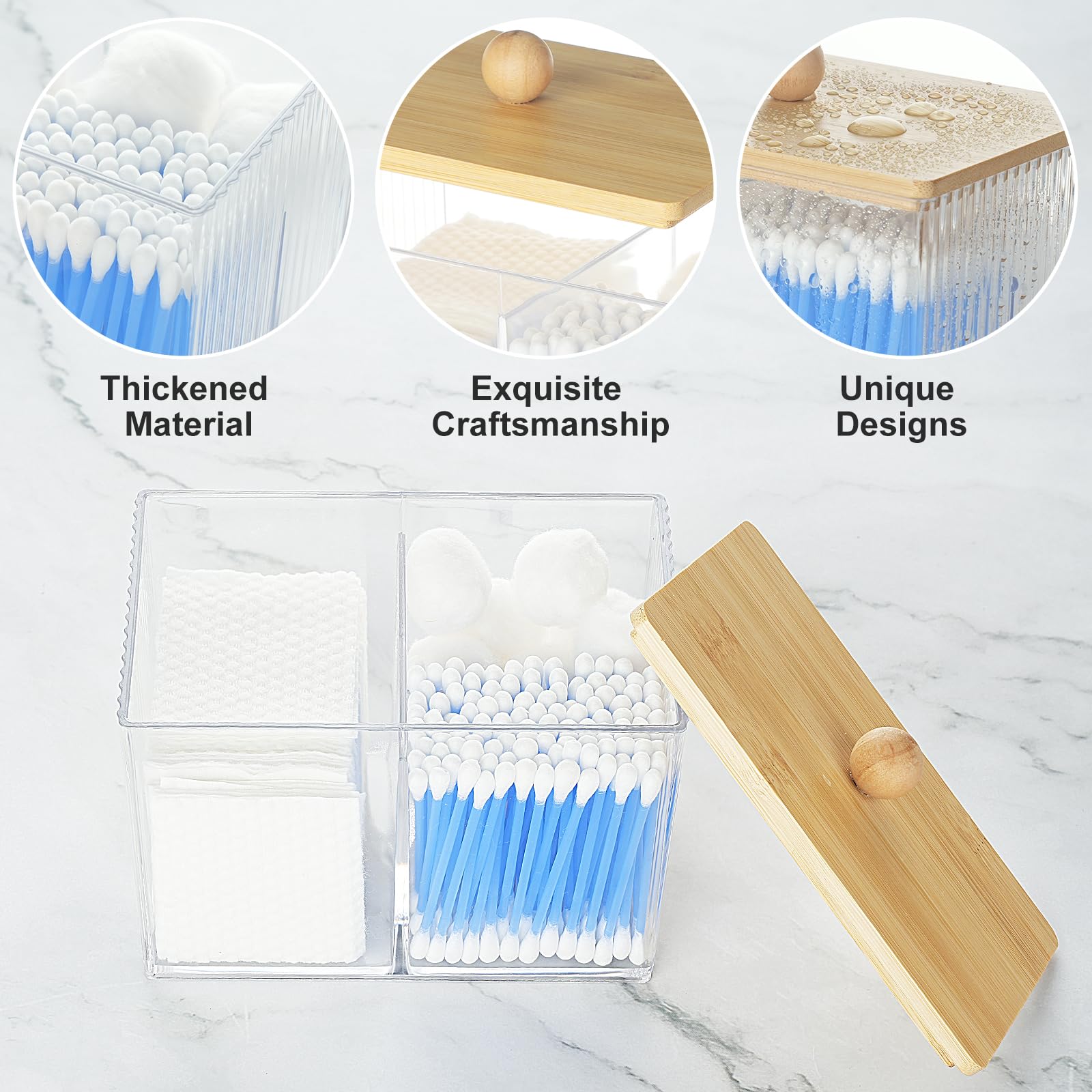 KIMCHOMERSE Wood Lid Qtip Holder Storage, Bathroom Cotton Ball Holder Canisters for Cotton Swab, Cotton Pad, Dental Floss Organizer, Hair Bands Container for Vanity Countertop -Clear