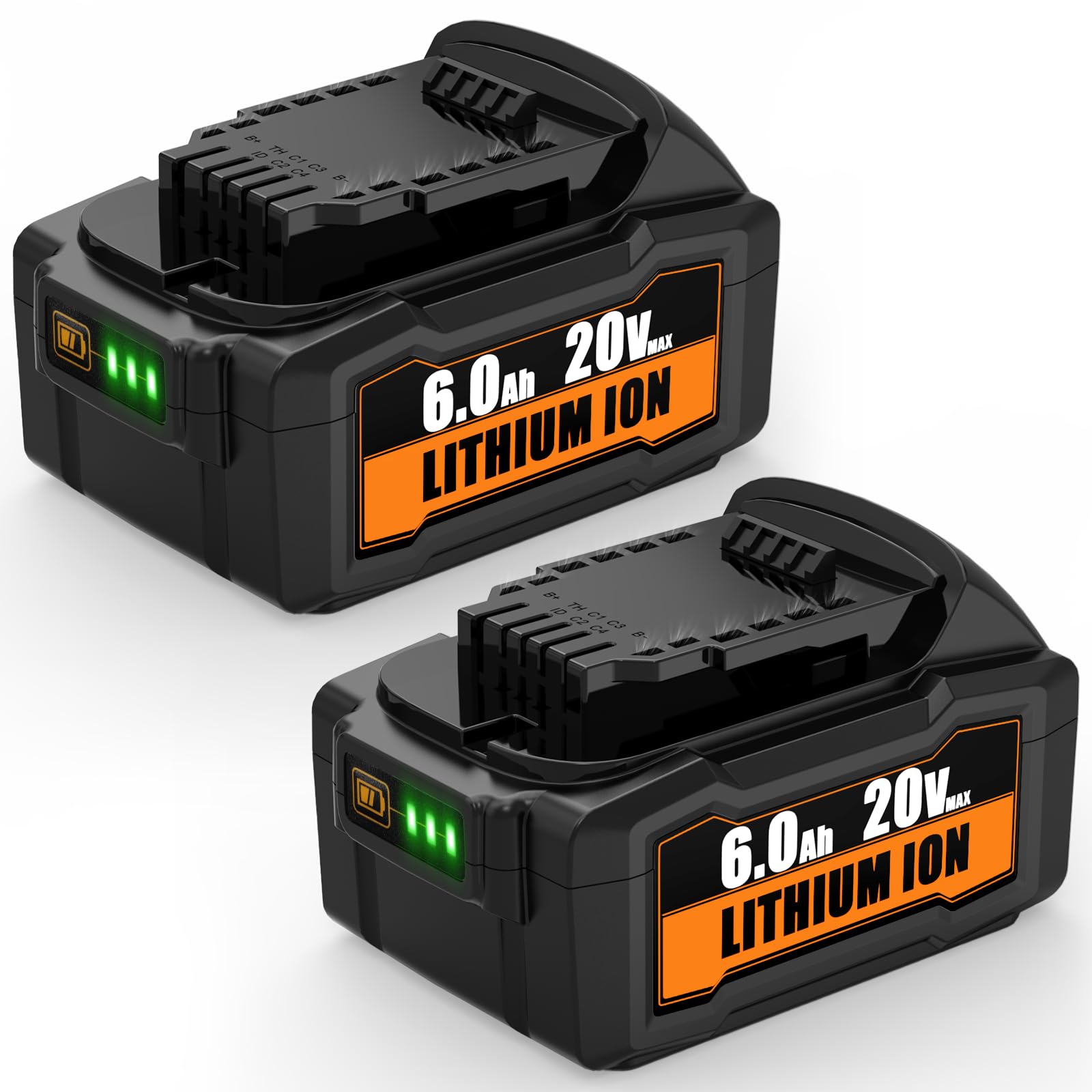 2 Pack 20V 6.0Ah Max Replacement Battery for Dewalt - Upgraded Lithium ion Batteries Compatible with Dewalt Charger DCB200 DCB201 DCB203 DCB206 DCB210 DCD DCF DCG Cordless Power Tools (Black)