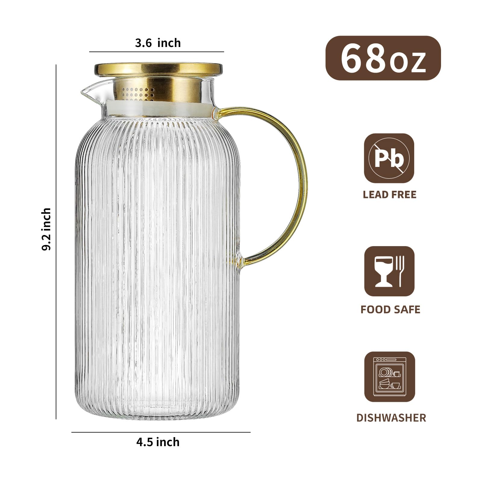 Buaic 2 PACK Glass Pitcher with Lid, 68 oz/ 2 Liter Classic Vertical Stripes Water Pitcher,Glass Water Carafe for Cold Brew, Coffee, Lemonade, Iced Tea,Beverage, Heat Resistant Water Glass Jug