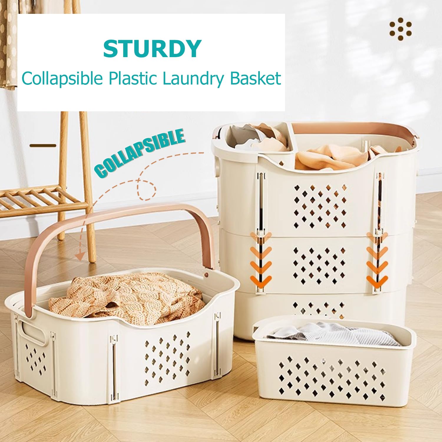 Collapsible Plastic Laundry Basket - Foldable Pop Up Storage Container/Organizer with Handles & Side Container-Space Saving Hamper for Laundry Room,Bathroom,Kids Room,College Dorm