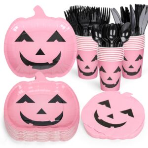 jarthenaamcs 144pcs halloween pumpkin tableware set pink cute pumpkin disposable party supplies paper plates cups napkins and cutlery for 24 guests birthday baby shower