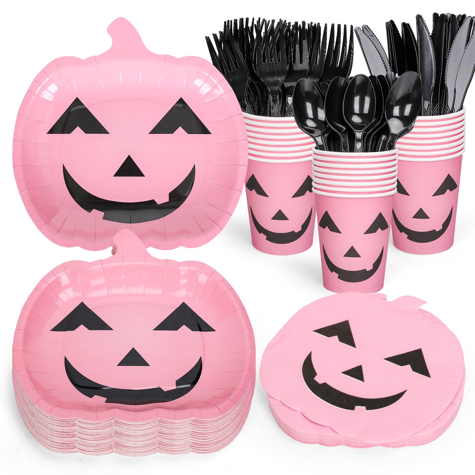 JarThenaAMCS 144Pcs Halloween Pumpkin Tableware Set Pink Cute Pumpkin Disposable Party Supplies Paper Plates Cups Napkins and Cutlery for 24 Guests Birthday Baby Shower