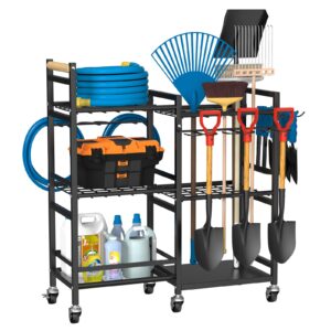 nadamoo large garden tool organizer with rolling wheel, 3-tier metal shelf yard tool holder, utility stand rack for garage organization and storage, hold long-handled rakes, shovel, broom