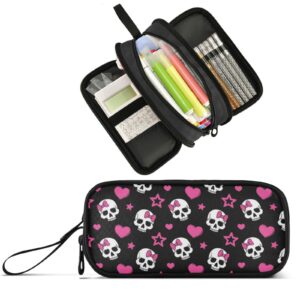 Pencil Case Big Capacity for Girl Boy Pink Hearts Skulls Stars Black Student Pencil bag Pen Pouch Large Stationery 3 Compartments Zippers Organizer School College Office Teens Adults