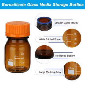 PATIKIL 4 Pack Reagent Media Storage Bottles, 100ml Borosilicate Glass Graduated Round Bottles with Orange GL32 Screw Cap for Lab Water Reagent Liquids, Amber