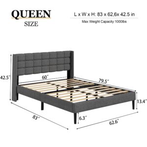 CXVX Queen Size Platform Bed Frame with Upholstered Headboard and Wingback, Mattress Foundation with Wooden Slat Support, No Box Spring Needed, Easy Assembly, Noise Free, Dark Gray