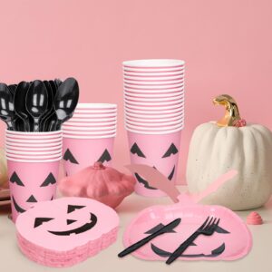 JarThenaAMCS 144Pcs Halloween Pumpkin Tableware Set Pink Cute Pumpkin Disposable Party Supplies Paper Plates Cups Napkins and Cutlery for 24 Guests Birthday Baby Shower