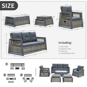 Outdoor Furniture Set, 6 Pcs Patio Furniture Set with Aluminum Frame, Wicker Recliner Chairs with Ottomans, Modern Outdoor Conversation Sets Sectional Sofa, Rattan Patio Set with Storage Table (Grey)