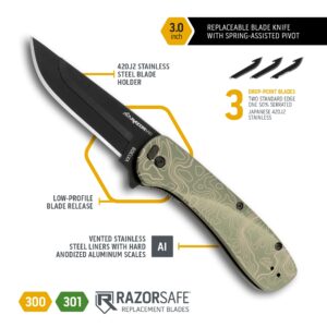 OUTDOOR EDGE RAZOR VX1 | Topo Map Etching | Replaceable Blade EDC Flipper Folding Pocket Knife | 3" Stainless Blade, Green Anodized Aluminum Handle, Reversible Pocket Clip | Cool Knife for Men