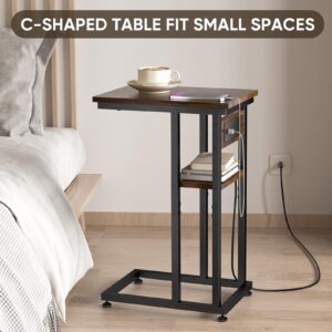 BALEINE Side Table with Charging Station, C-Shape End Table with Dual USB-C Ports and Outlets, Couch Table, Bedside Table for Small Spaces, Living Room, Bedroom (Rustic Brown)