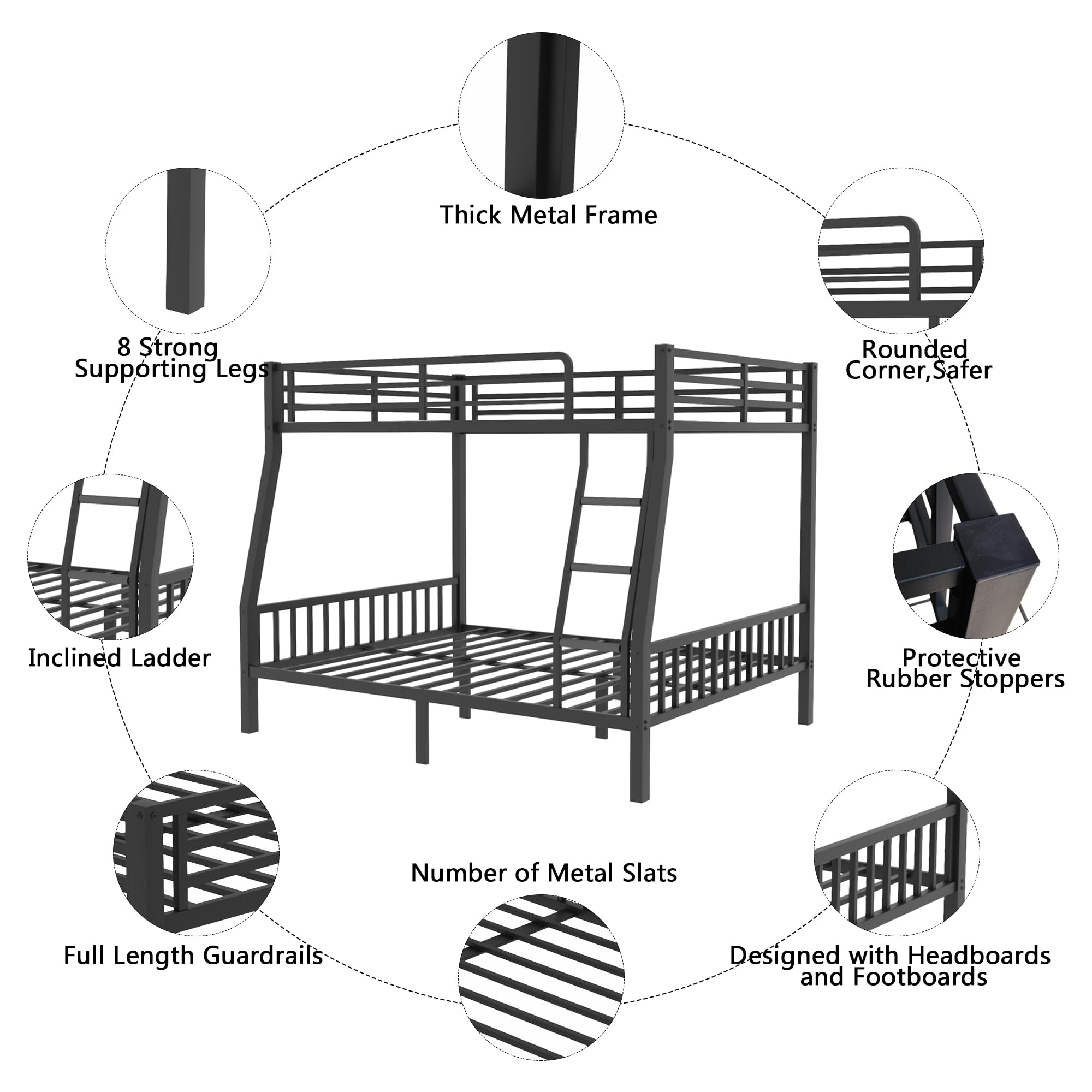 mikibama Full XL Over Queen Bunk,Metal Heavy Duty Bunk Beds for Adults,Queen Bunk Bed with Inclined Ladder,Industrial Bunkbeds for Kids,Adult,Small Spaces,Space Saving. (Black, Full XL Over Queen)