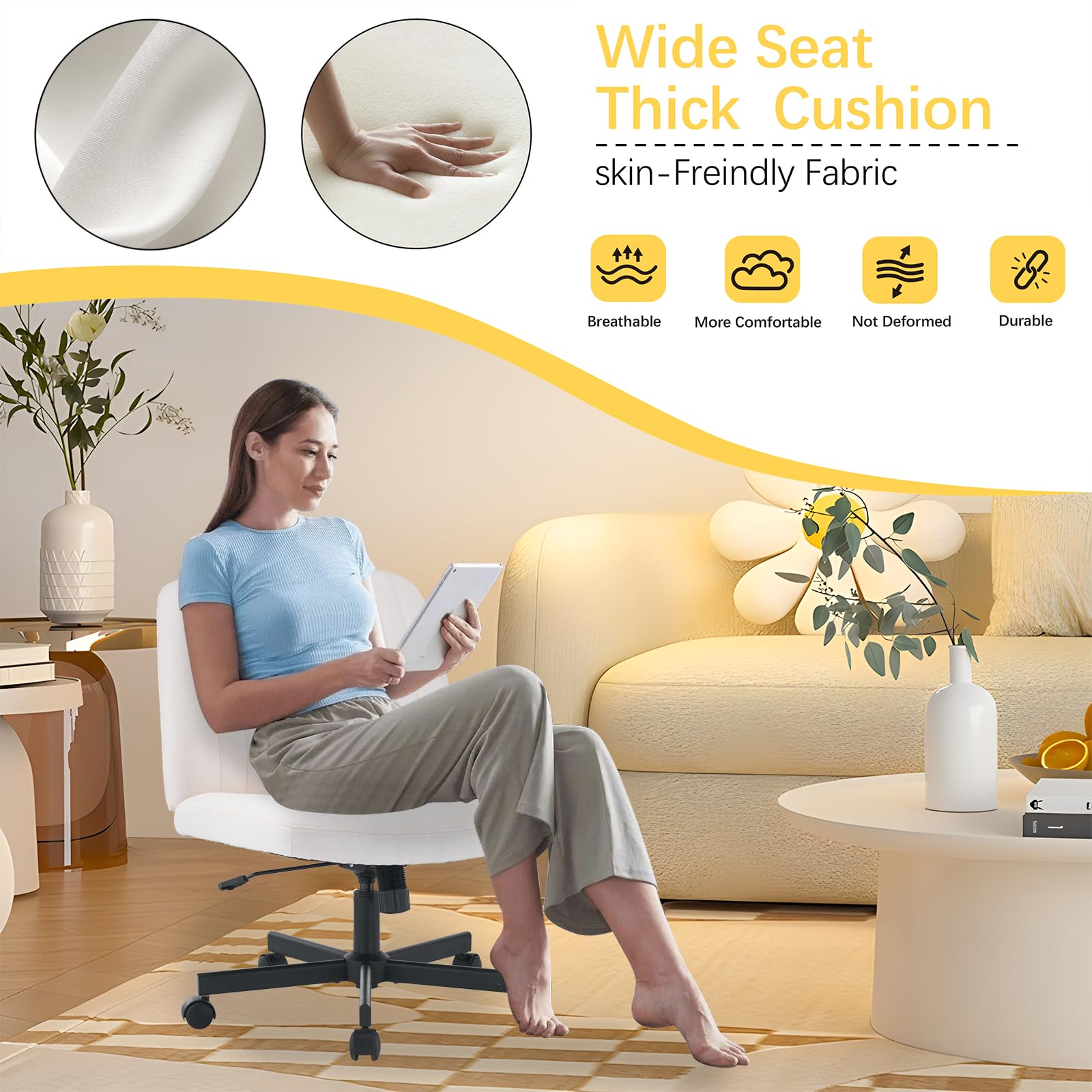 Fuqido Criss Cross Chair with Wheels, Wide Seat Cross Legged Armless Office Chair, Swivel Vanity Chair Height Adjustable, Fabric Ergonomic Office Desk Chair, Computer Chairs for Living Room Makeup