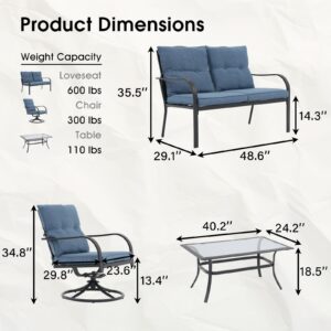 JARDINA 4 Pieces Patio Furniture Set, Metal Outdoor Patio Furniture, All-Weather Patio Conversation Set with Loveseat Sofa, 2 Swivel Chairs, Coffee Table and Cushions for Backyard Deck, Blue