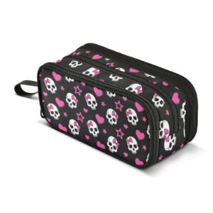 pencil case big capacity for girl boy pink hearts skulls stars black student pencil bag pen pouch large stationery 3 compartments zippers organizer school college office teens adults