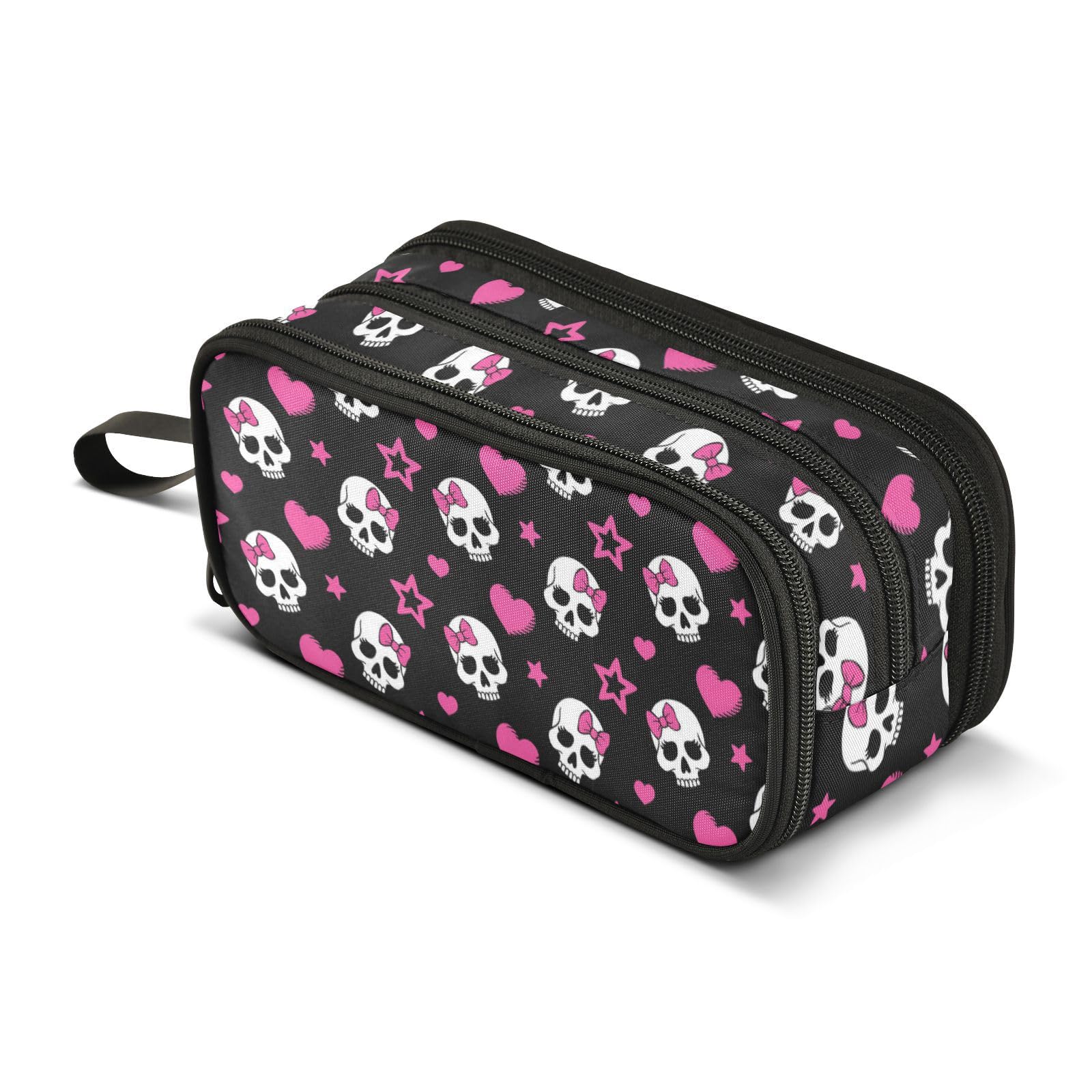 Pencil Case Big Capacity for Girl Boy Pink Hearts Skulls Stars Black Student Pencil bag Pen Pouch Large Stationery 3 Compartments Zippers Organizer School College Office Teens Adults