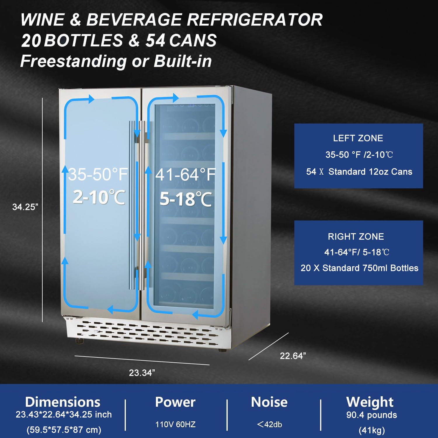 Takywep Beverage and Wine Cooler - Dual Zone, Built-in and Freestanding, Holds 54 Cans and 20 Bottles, Independent Temperature Control, Upgraded Quiet Compressor.