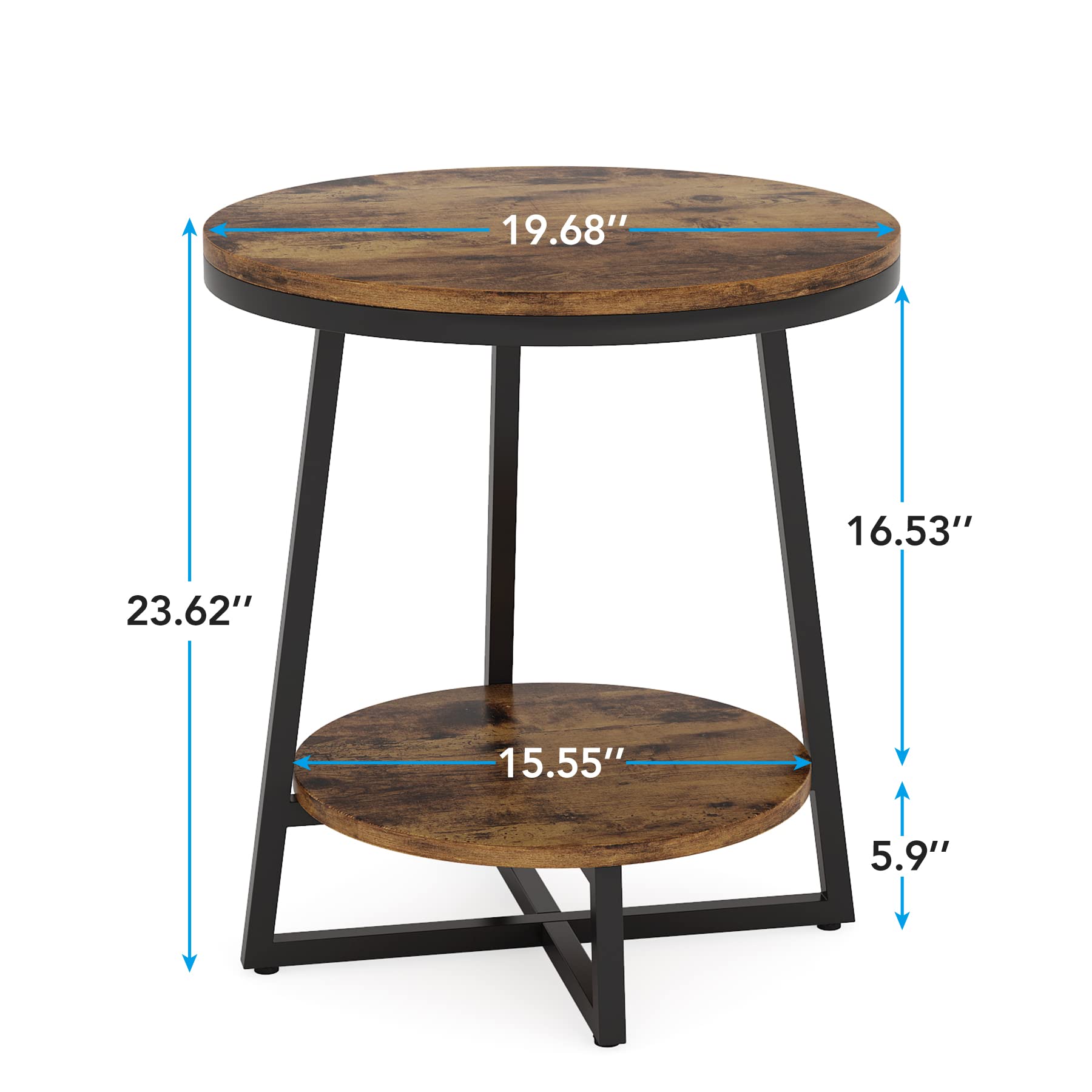 Tribesigns Round End Table Set of 2, 2 Tier Side Table with Storage Shelf, Industrial Nightstand Bedside Table Coffee Accent Table for Living Room Small Space, Rustic Brown