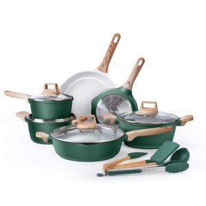 country kitchen pots and pans set nonstick, cast aluminum kitchen cookware set with utensils, 14 pcs non stick cooking set w/frying pans & saucepans, sage