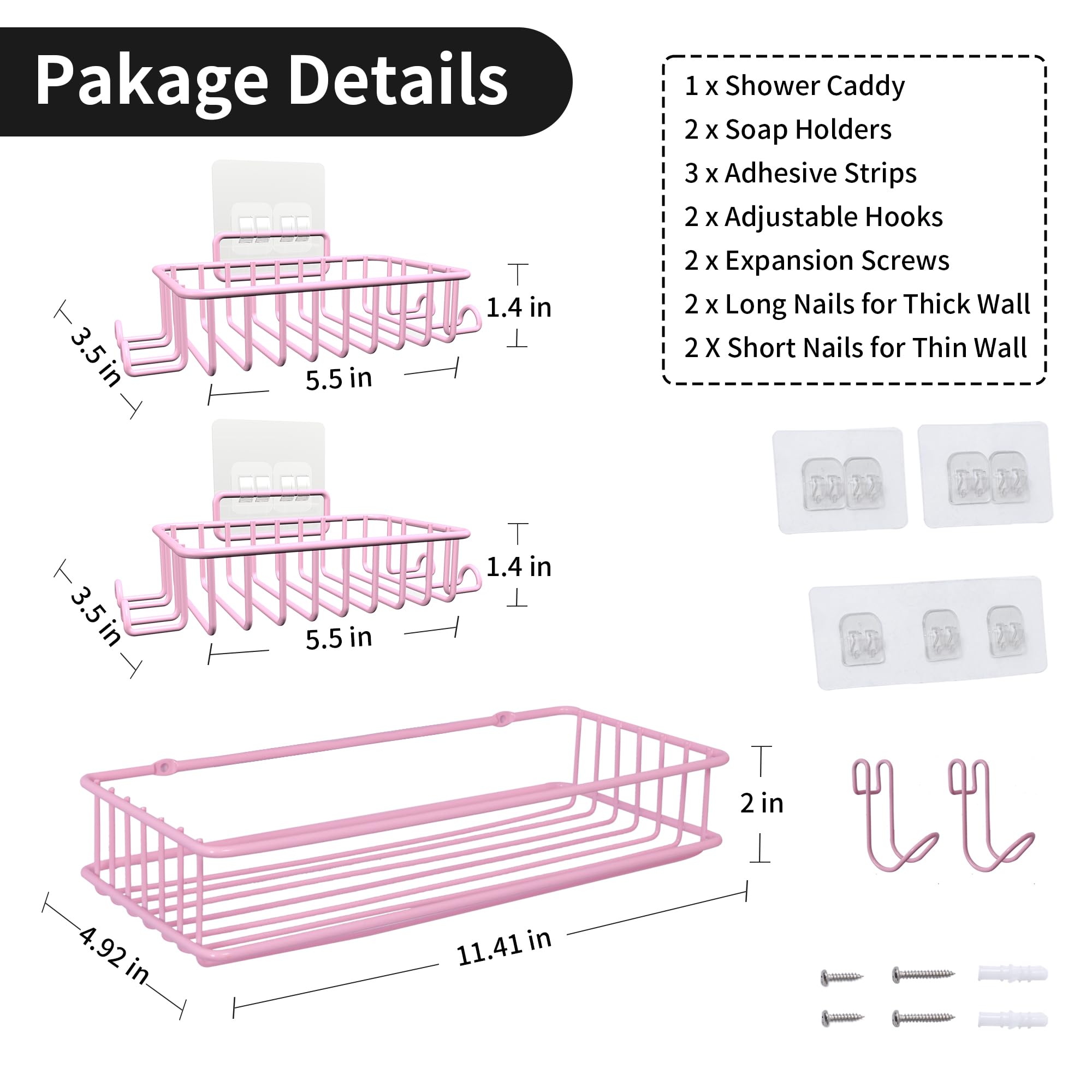 TONLEA Shower Caddy, Shower Organizer for Bathroom, 3-Pack Rustproof Stainless Steel Shower Shelves with Soap Dish and Hooks for Bathroom Storage, Adhesive or Drilling Kitchen Organization, Pink