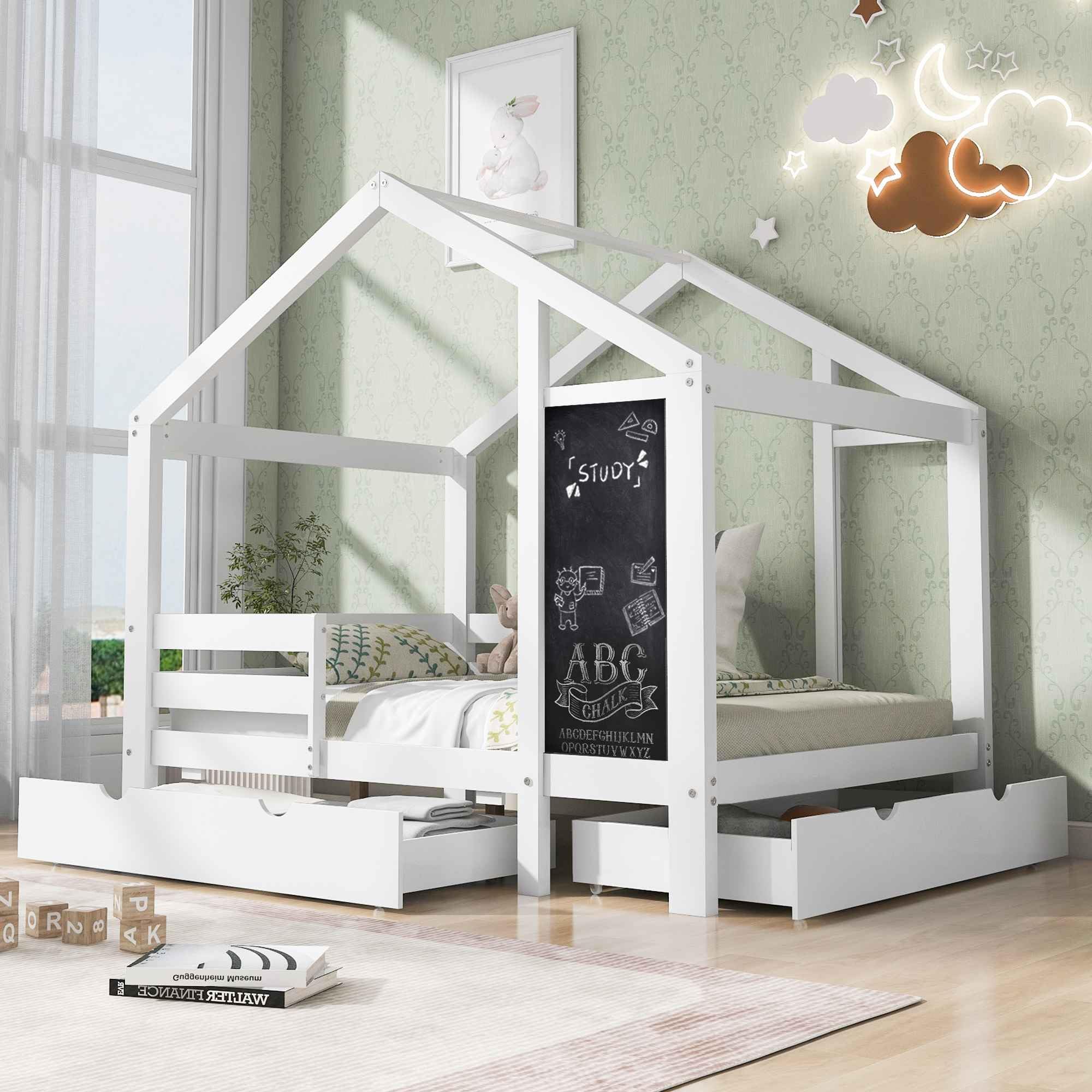 ATY Twin Size Platfrom Bed with Two Storage Drawers and Blackboard Design, Solid Wood House Shaped Bedframe w/Roof, Save Space & No Box Spring Needed, for Kids Bedroom, Dorm, White