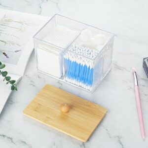 KIMCHOMERSE Wood Lid Qtip Holder Storage, Bathroom Cotton Ball Holder Canisters for Cotton Swab, Cotton Pad, Dental Floss Organizer, Hair Bands Container for Vanity Countertop -Clear